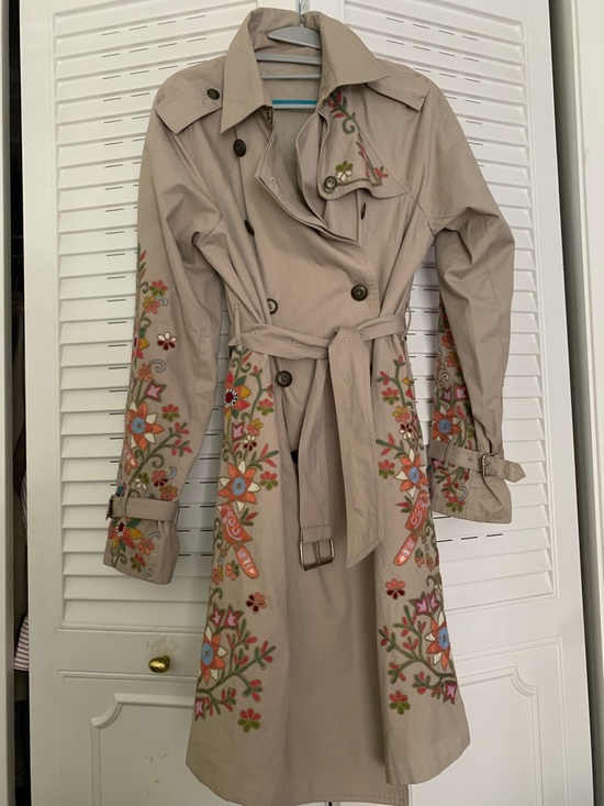 Calypso St. Barth Jackets & Blazers - Calypso St. Barth Embroidered Beige Trench Coat with Floral Detail